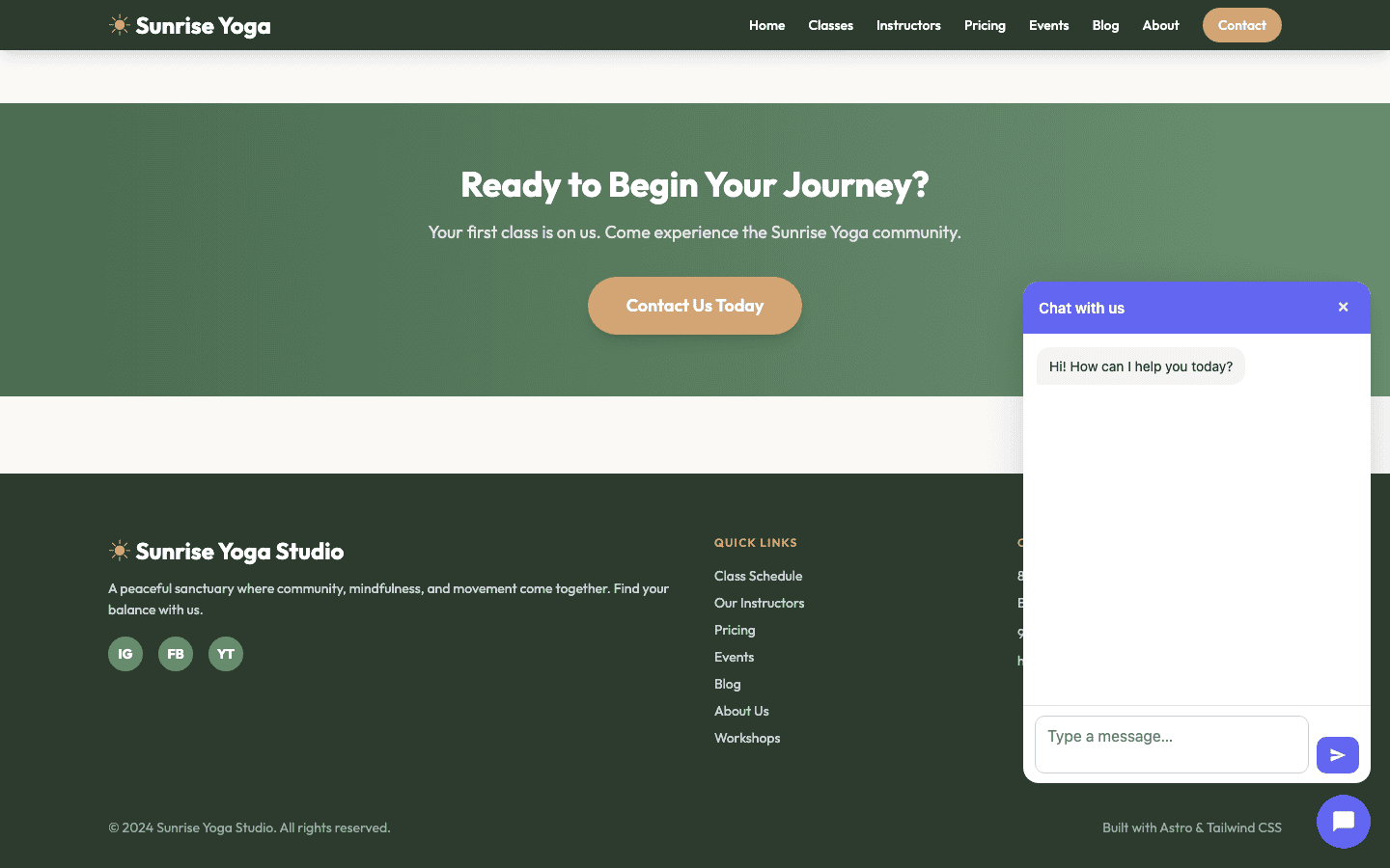 A visitor chat bubble open on a customer-facing site, ready to answer questions about hours and policies.
